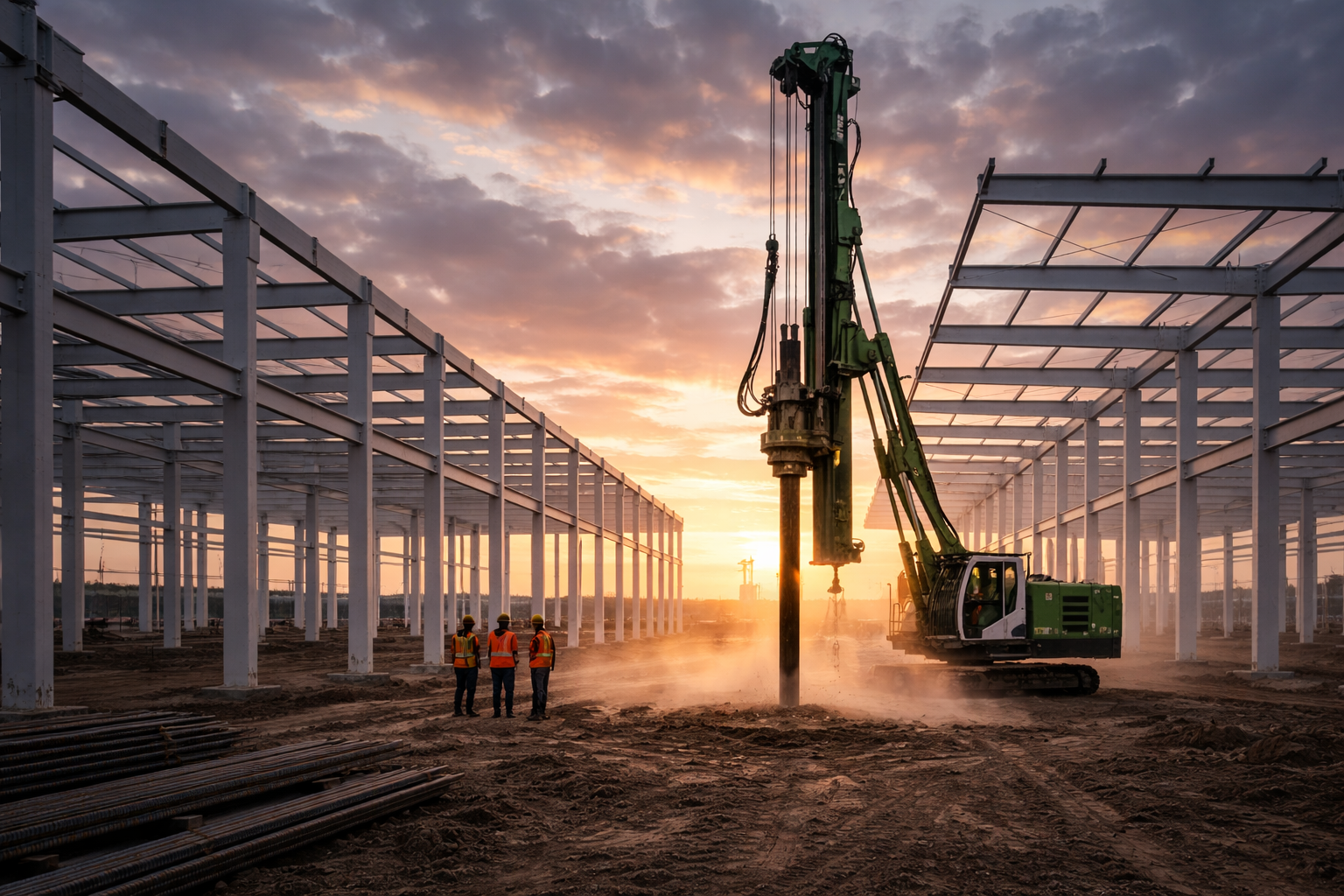 Equipamento de cravação de estacas em operação no canteiro de obras ao pôr do sol com trabalhadores